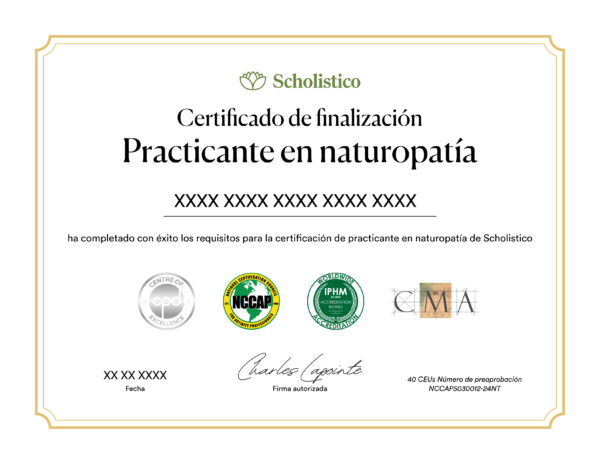 Certificado oficial del curso de certificación practicante en naturopatía