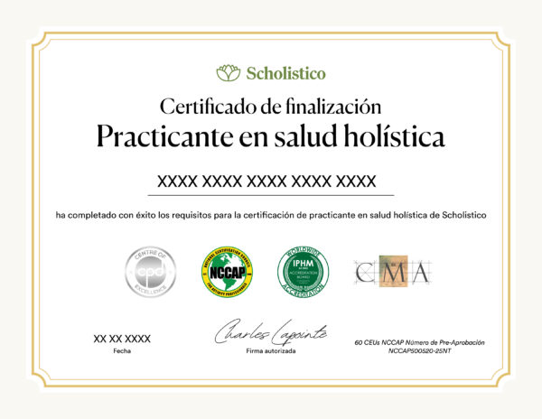 Certificado oficial del curso de formación para practicante de la salud holística