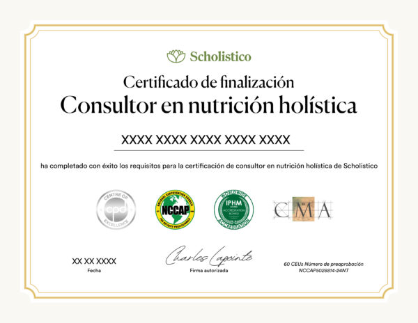 Certificado oficial del curso de certificación de consultor en nutrición holística