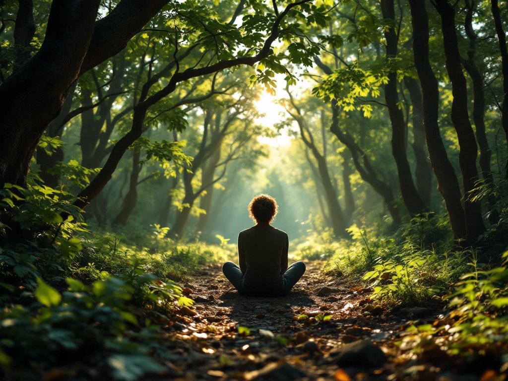 Persona sentada en un bosque, conectando con la naturaleza