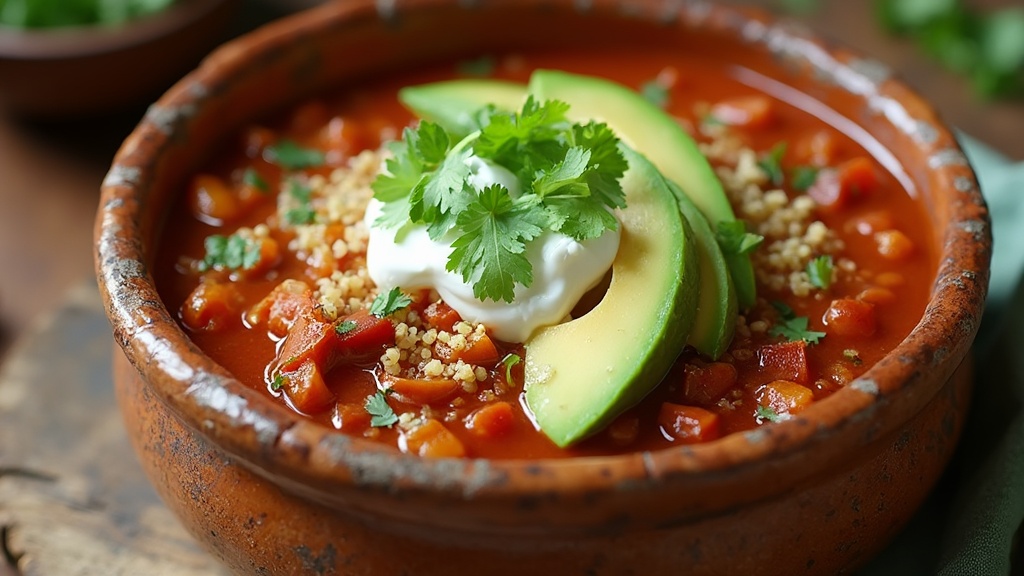 Tazón de chili vegetariano con quinoa, aguacate y crema agria