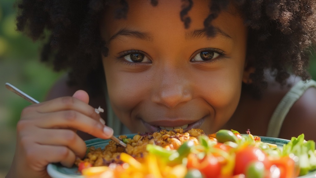 Persona practicando alimentación consciente con un plato de alimentos saludables