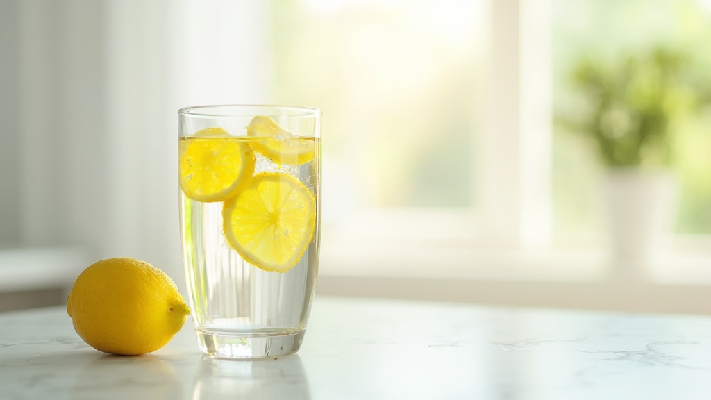 Vaso de agua con rodajas de limón y un limón entero al lado