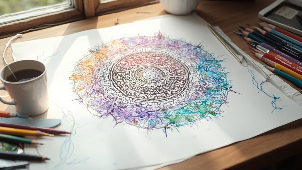 Dibujo circular de mandala con patrones intrincados y símbolos que representan diferentes aspectos de la vida