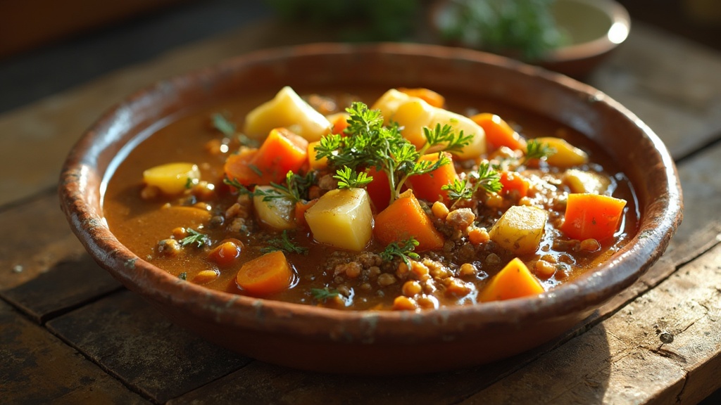 Tazón de guiso de lentejas con trozos de verduras de raíz coloridas