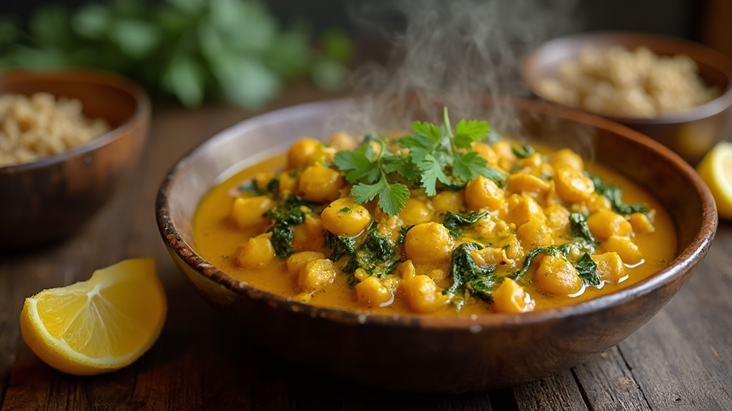 Tazón humeante de curry de garbanzos y espinacas con arroz integral y limón