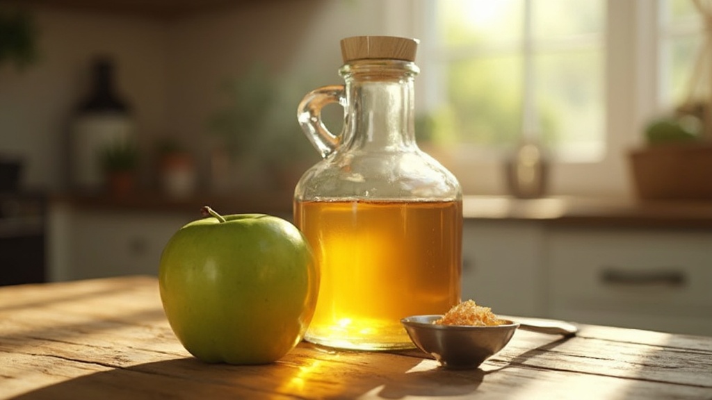 Botella de vinagre de manzana junto a una manzana fresca