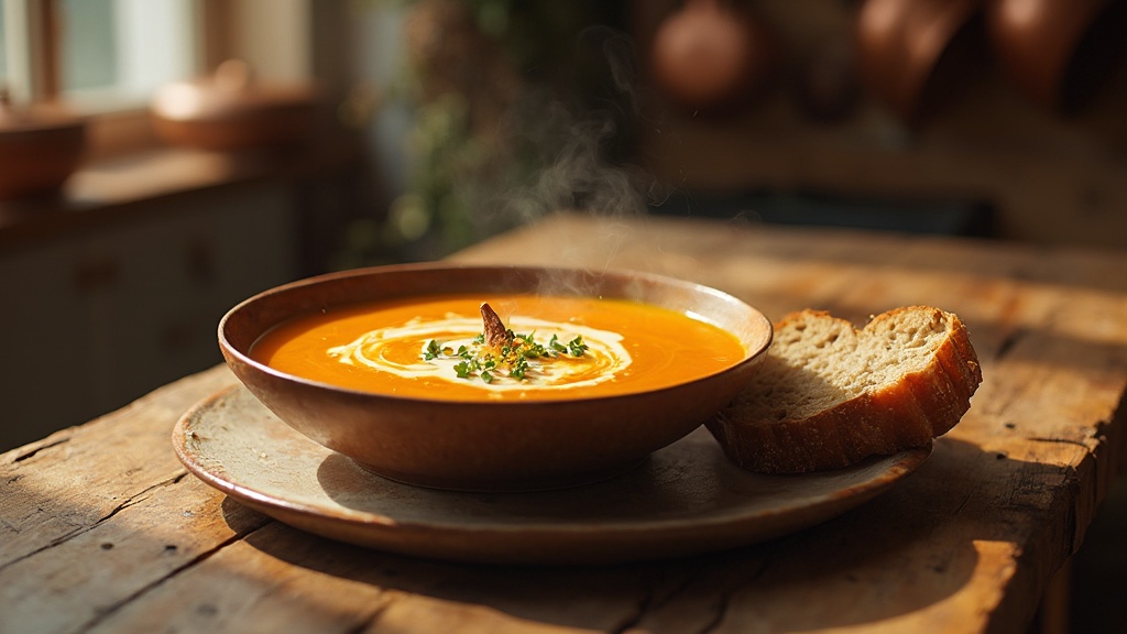 Tazón de sopa de calabaza cremosa con guarnición de crema y hierbas frescas